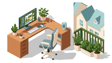 Modern home office with greenery and cozy balcony in isometric design