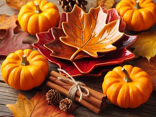 Autumn harvest display with pumpkins and cinnamon sticks