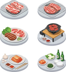 Delicious Grilled Meat Barbecue Dining Experience Vector Illustration Set Cutaway