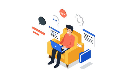 Obraz premium Isometric remote work: person with laptop and digital elements in modern setting