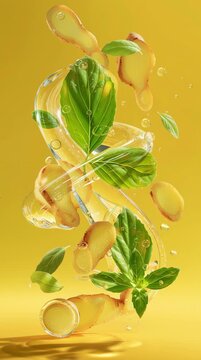 Mint leaves, lemon verbena leaves and thin slices of ginger swirl gracefully in water against a yellow gradient background.
