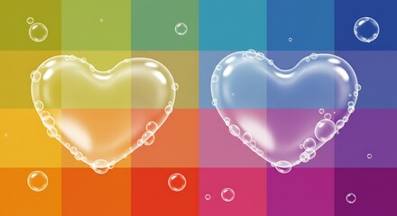 Two transparent heart shapes surrounded by bubbles set against a vibrant, multi-colored checkered backdrop