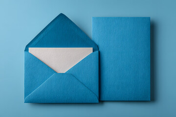 Blank invitation card and envelope on blue background, top view. Space for design