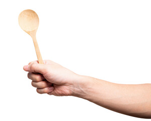 Male hand holding a wooden spoon isolated on white background.