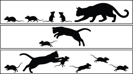 Cat hunting mice silhouette sequence isolated on white background predator prey behavior concept vector illustration for education, nature, and storytelling design