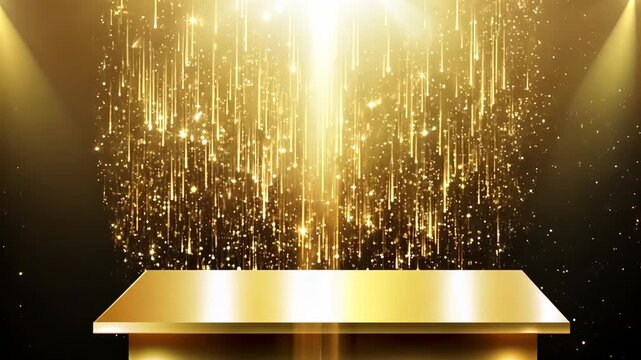 A dazzling display of golden light and glitter cascades down to illuminate a sleek platform. the shimmering background creates a sense of luxury and glamour, perfect for showcasing products or creatin