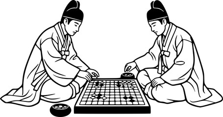 Korean Traditional Men Playing Baduk Go Board Game