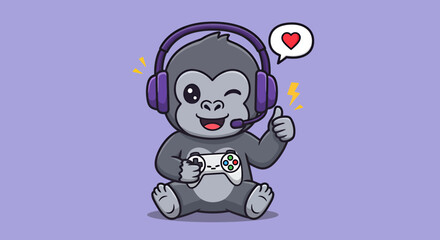 A cute cartoon baby gorilla wearing purple gaming headphones, holding a controller, winking, and giving a thumbs-up with a heart and lightning bubble.