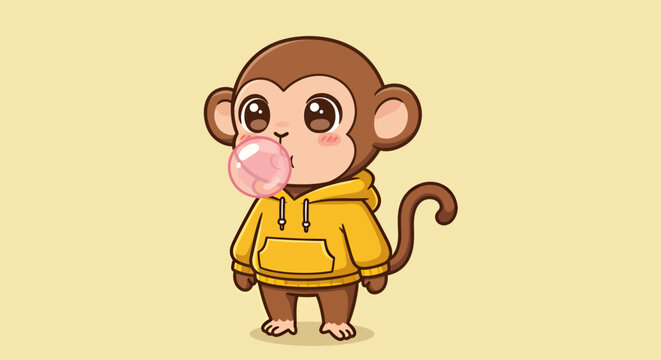 A cute cartoon monkey wearing a yellow hoodie and blowing a pink bubblegum bubble on a plain background.