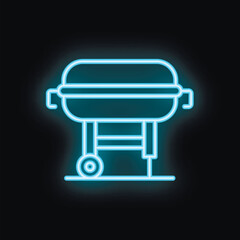 Glowing blue neon icon of a barbecue grill, perfect for representing summer grilling parties