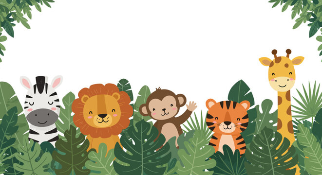 Cute cartoon safari animals peeking from tropical leaves, jungle frame design.