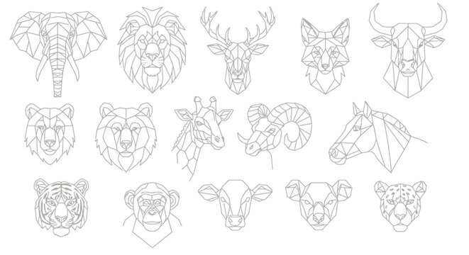 Geometric animal heads collection in low poly line art style, featuring various wild and farm animals.