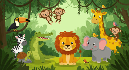 Fototapeta premium A vibrant cartoon illustration of various friendly jungle animals including a lion, elephant, giraffe, zebra, crocodile, toucan, and monkeys in a lush green forest.