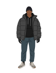 Obraz premium Winter streetwear outfit on a Black man with puffer jacket, hoodie, and beanie. Clean flat illustration isolated on transparent background.