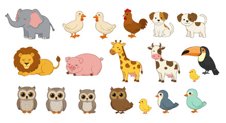 Fototapeta premium A vibrant collection of various cartoon animals including an elephant, ducks, chicken, dogs, lion, pig, giraffe, cow, toucan, chicks, owls, and birds.