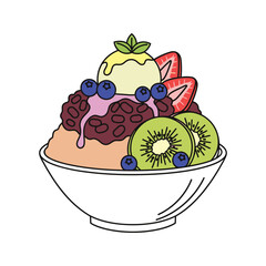 Delicious Shaved Ice Dessert Bowl with Fresh Fruit and Ice Cream Topping Illustration Cutaway