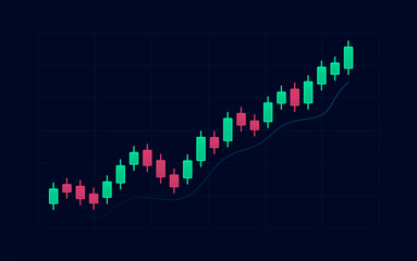 Rising market candlestick chart with upward price movement and smooth trend line on a dark grid background, financial analysis graphics and business projects.