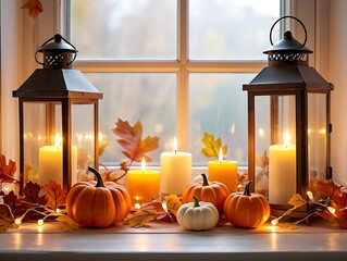 Autumnal table setting with pumpkins and candles