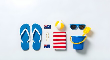Australia Day celebration with beach essentials including flip flops, sunglasses, and bucket and spade