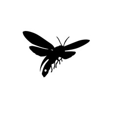 Black silhouette of a flying bee or wasp insect with wings and antennae on a clean white background, side view.