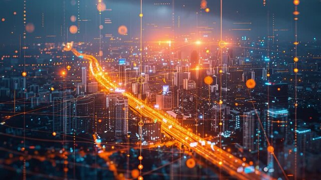 City skyline at night features bright lights and traffic flow on roads. Digital data patterns overlay urban landscape, highlighting technology in modern living