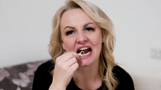Elegant adult woman using plastic dental pick with floss cleaning her teeth showing daily oral hygiene routine dental care and healthy lifestyle habits