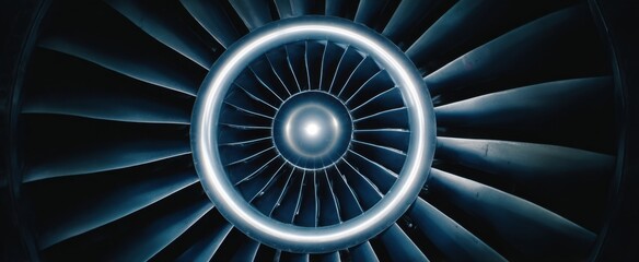 Medium shot of a jet engine turbine with detailed metal blades spinning inside.