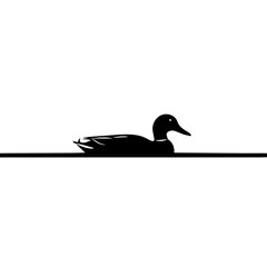 Black silhouette of a duck swimming on a horizontal line representing water against a clean white background.
