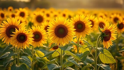 capitulate. Sunflowers swaying in a field during golden hour, nature scene. gardening catalogs, home-decor guides, designed for home decor and floral branding and gardening and botanical catalogs.