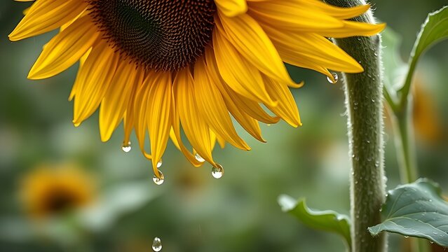 laurate. Sunflower drooping after a storm with rain droplets on its petals. gardening catalogs, home-decor guides, designed for home decor and floral branding, celebrates nature.