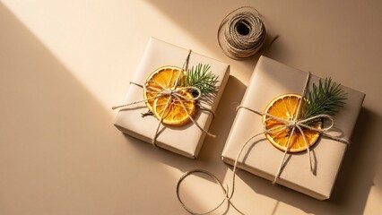 Minimal eco friendly Christmas gift boxes flat lay with kraft paper, twine, dried orange and copy space

