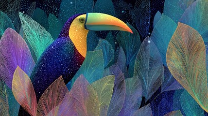 Fototapeta premium Vibrant Toucan Surrounded by Colorful Abstract Leaves