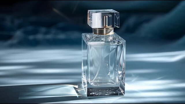 Crystal perfume bottle with shimmering light beams on blue background.