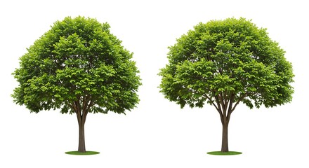 Two vibrant, healthy trees with full green canopies, set against a clean white backdrop