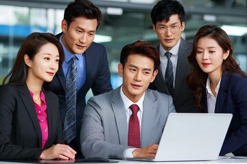 Young Korean colleagues discussing ideas over a laptop, symbolizing cooperation, leadership, and success in a modern business environment.