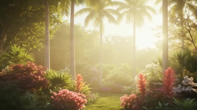 Lush tropical garden with towering palm trees and vibrant flowers bathed in golden sunlight