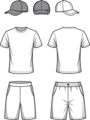 Vector Flat Sketch of Baseball Caps T-shirts and Shorts illustration