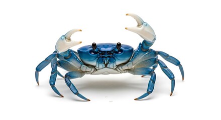 Fototapeta premium Vibrant Blue Crab Displaying Claws on White Background.