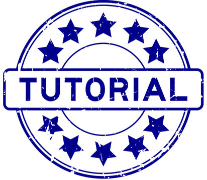 Grunge blue tutorial word with star icon round rubber seal stamp on white background