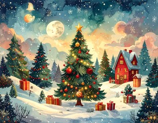 Naklejka premium Enchanting winter wonderland illustration depicting a beautifully decorated Christmas tree, a cozy snow-covered house, and festive gifts under a magical, snowy night sky