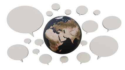 Planet earth with speech bubbles on a isolated background. Global communication. World map with blank white speech bubbles. 