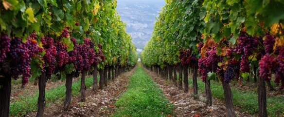 Fototapeta premium The vineyard rows filled with plump ripe red grapes ready for tasting sessions