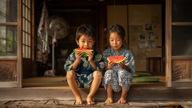 縁側でスイカを食べる、日本人兄妹の夏らしい笑顔