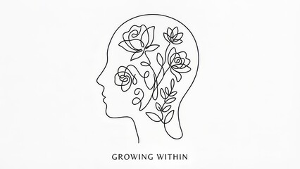 Abstract continuous line art of a human head silhouette with blooming flowers inside, representing mental health and mindfulness, minimalist style, black lines on white background, elegant, sophistica