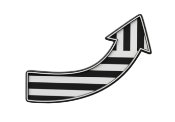 A sleek curved black and white striped arrow pointing upwards on black