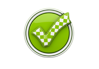 A glossy green checkmark icon with a checkered flag design element
