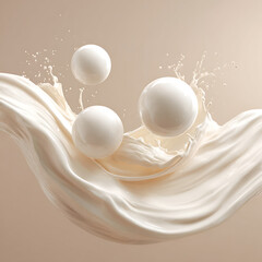 Creamy Milk Splash with Floating Spheres in Smooth Wave
