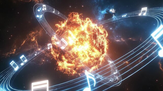 Fiery Cosmic Explosion With Musical Notes Orbiting A Bright Star In Deep Space With Nebulae And Stars Visible In The Dark Background With Blue And Orange Hues