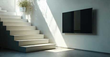 Minimalist interior features stairs, wallmounted television. Sunlight creates dramatic shadows, highlighting clean lines, modern design.