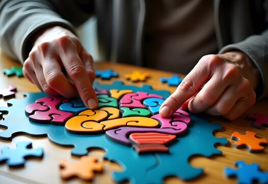 An elderly man assembles a puzzle at the table, conducts mental training, helps with Alzheimer's disease.
